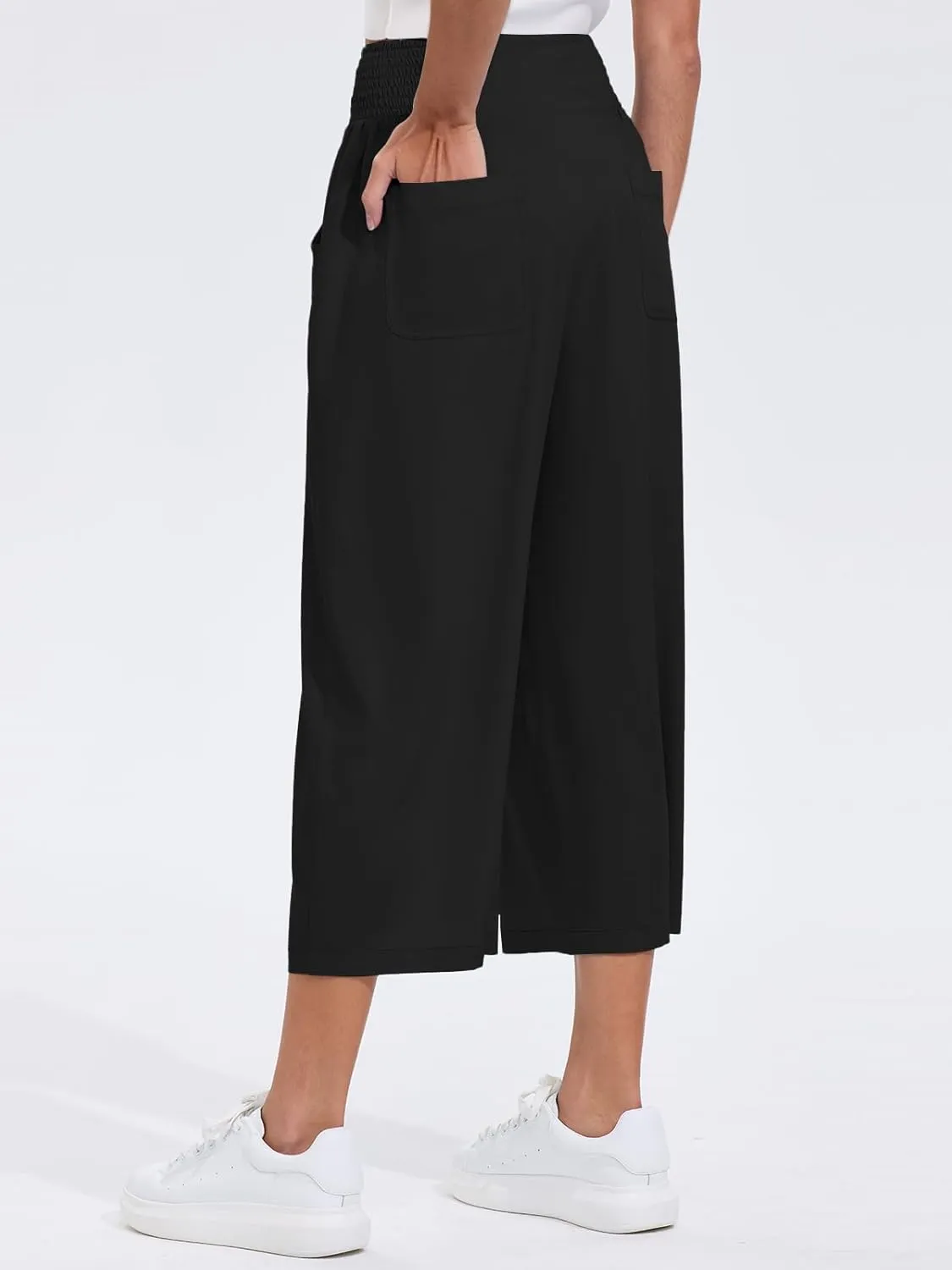 Les umes Womens High Waist Stretch Wide Leg Cropped Trousers Elastic Waist Casual Loose Pants
