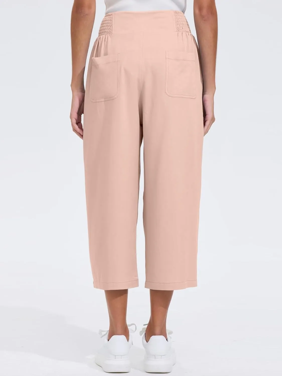 Les umes Womens High Waist Stretch Wide Leg Cropped Trousers Elastic Waist Casual Loose Pants