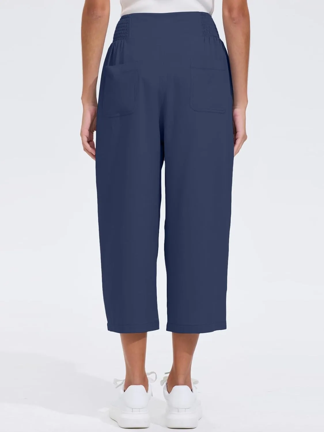 Les umes Womens High Waist Stretch Wide Leg Cropped Trousers Elastic Waist Casual Loose Pants