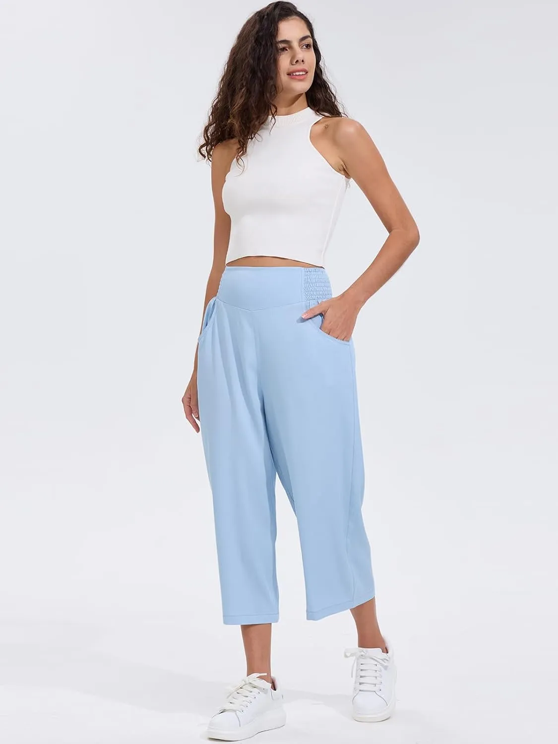 Les umes Womens High Waist Stretch Wide Leg Cropped Trousers Elastic Waist Casual Loose Pants