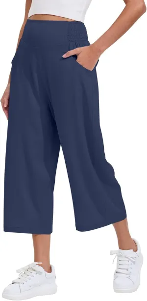 Les umes Womens High Waist Stretch Wide Leg Cropped Trousers Elastic Waist Casual Loose Pants