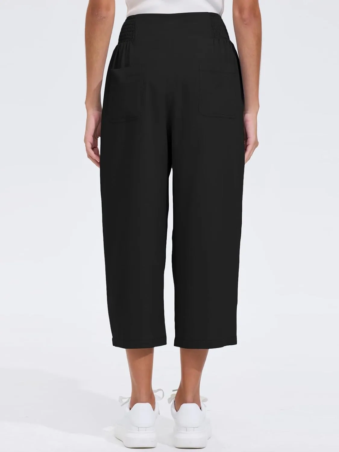 Les umes Womens High Waist Stretch Wide Leg Cropped Trousers Elastic Waist Casual Loose Pants