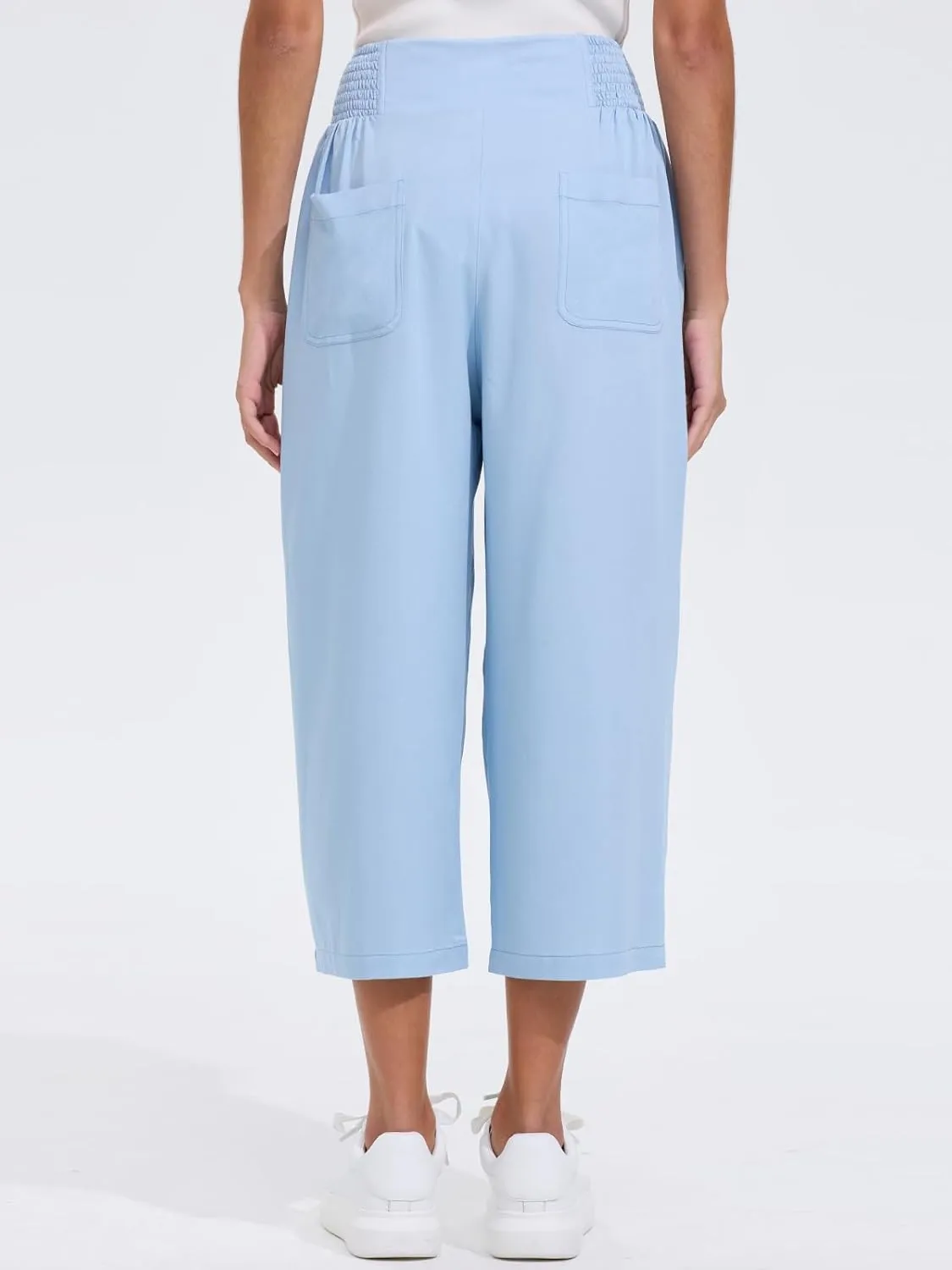 Les umes Womens High Waist Stretch Wide Leg Cropped Trousers Elastic Waist Casual Loose Pants
