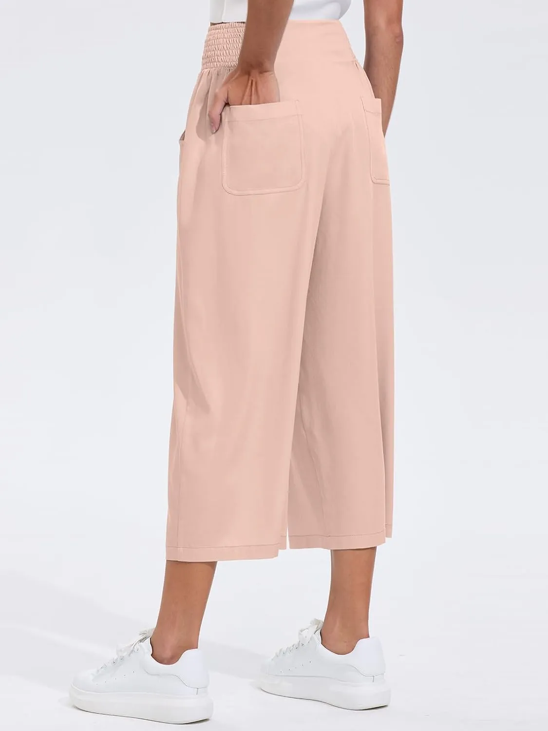 Les umes Womens High Waist Stretch Wide Leg Cropped Trousers Elastic Waist Casual Loose Pants
