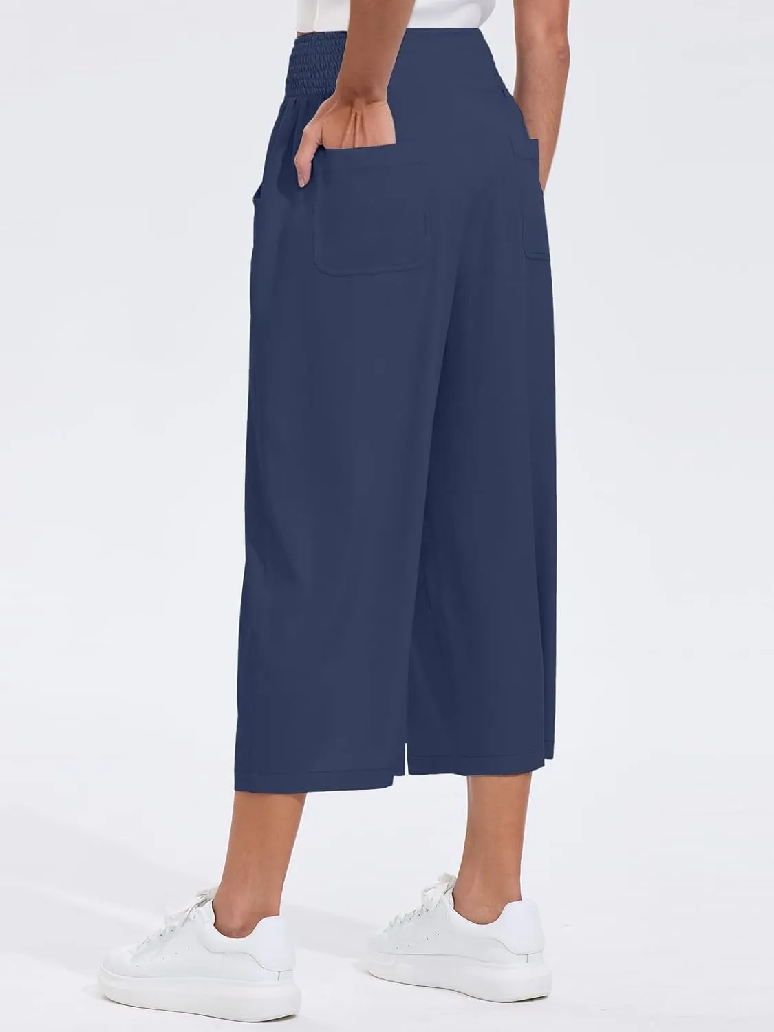 Les umes Womens High Waist Stretch Wide Leg Cropped Trousers Elastic Waist Casual Loose Pants