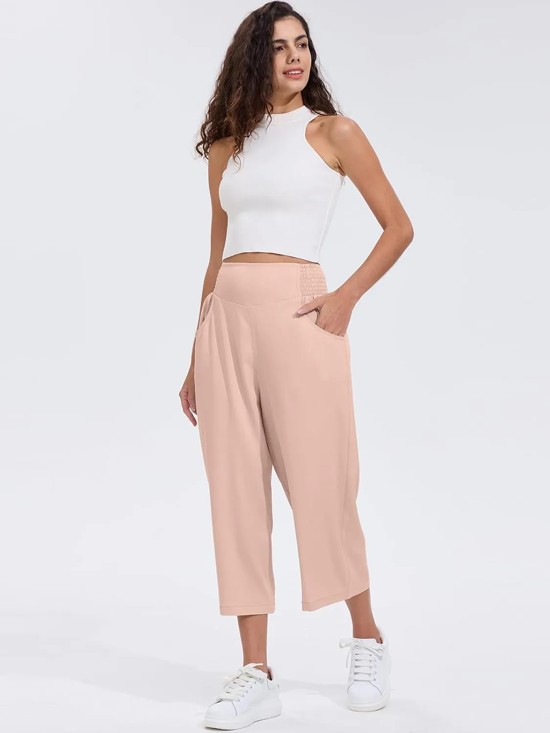 Les umes Womens High Waist Stretch Wide Leg Cropped Trousers Elastic Waist Casual Loose Pants