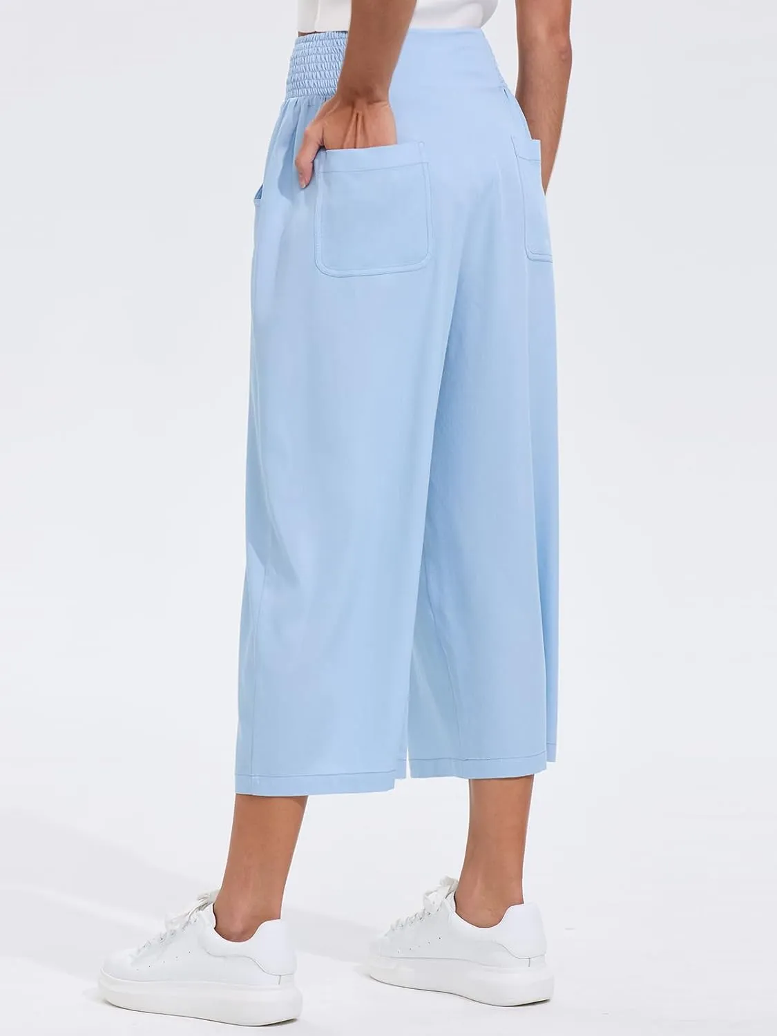 Les umes Womens High Waist Stretch Wide Leg Cropped Trousers Elastic Waist Casual Loose Pants