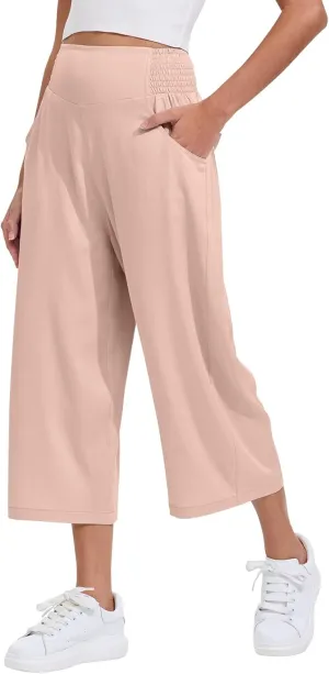 Les umes Womens High Waist Stretch Wide Leg Cropped Trousers Elastic Waist Casual Loose Pants