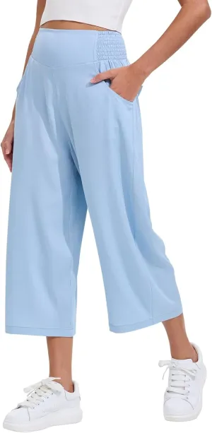 Les umes Womens High Waist Stretch Wide Leg Cropped Trousers Elastic Waist Casual Loose Pants
