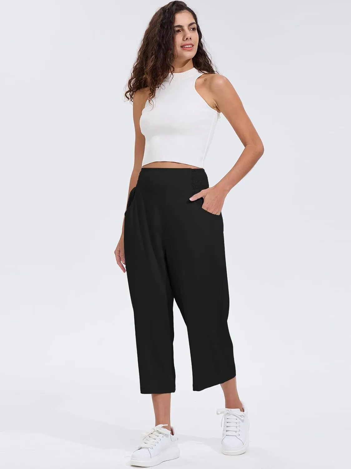 Les umes Womens High Waist Stretch Wide Leg Cropped Trousers Elastic Waist Casual Loose Pants
