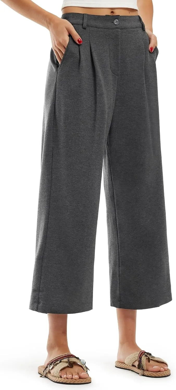 Libin Women's Wide Leg Capri Pants Business Pleated Slacks Dress Yoga Golf Casual Cropped Capris