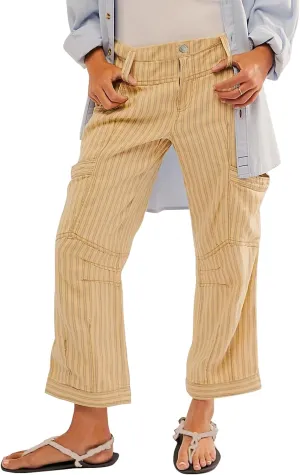LifeShe Cropped Striped Pants Women Loose High Waist Cargo Pants Casual Wide Leg Trouser with Pockets