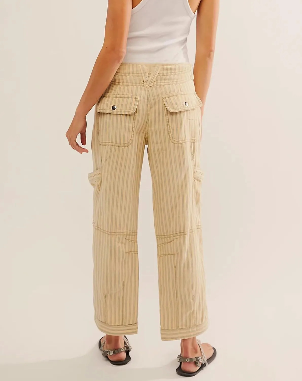 LifeShe Cropped Striped Pants Women Loose High Waist Cargo Pants Casual Wide Leg Trouser with Pockets