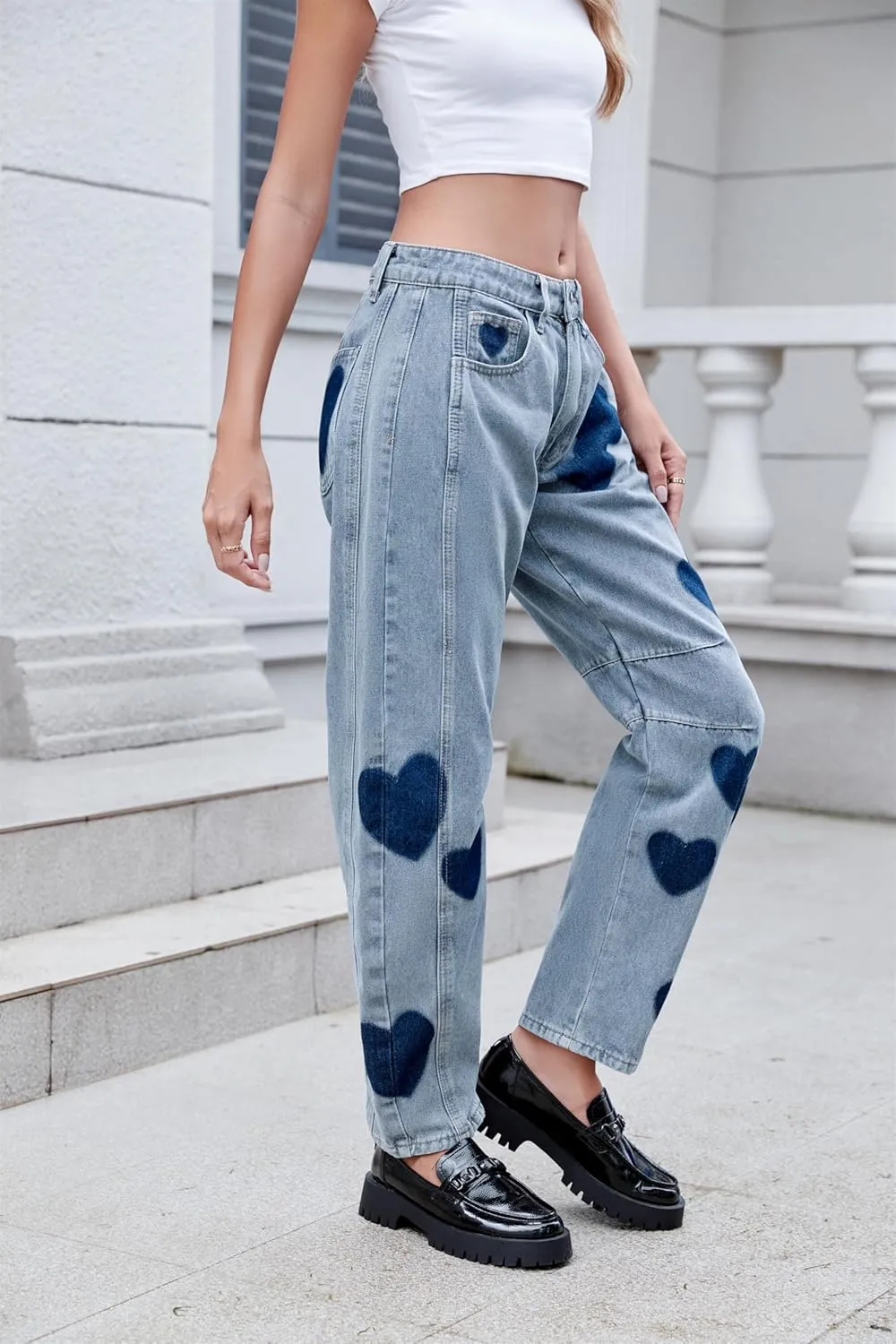 LifeShe Women's Wide Leg Baggy Jeans Low Waist Heart Barrel Loose Denim Pants