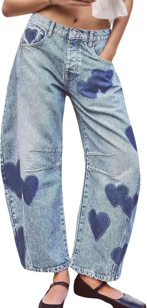 LifeShe Women's Wide Leg Baggy Jeans Low Waist Heart Barrel Loose Denim Pants