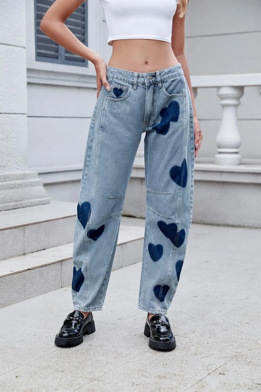 LifeShe Women's Wide Leg Baggy Jeans Low Waist Heart Barrel Loose Denim Pants