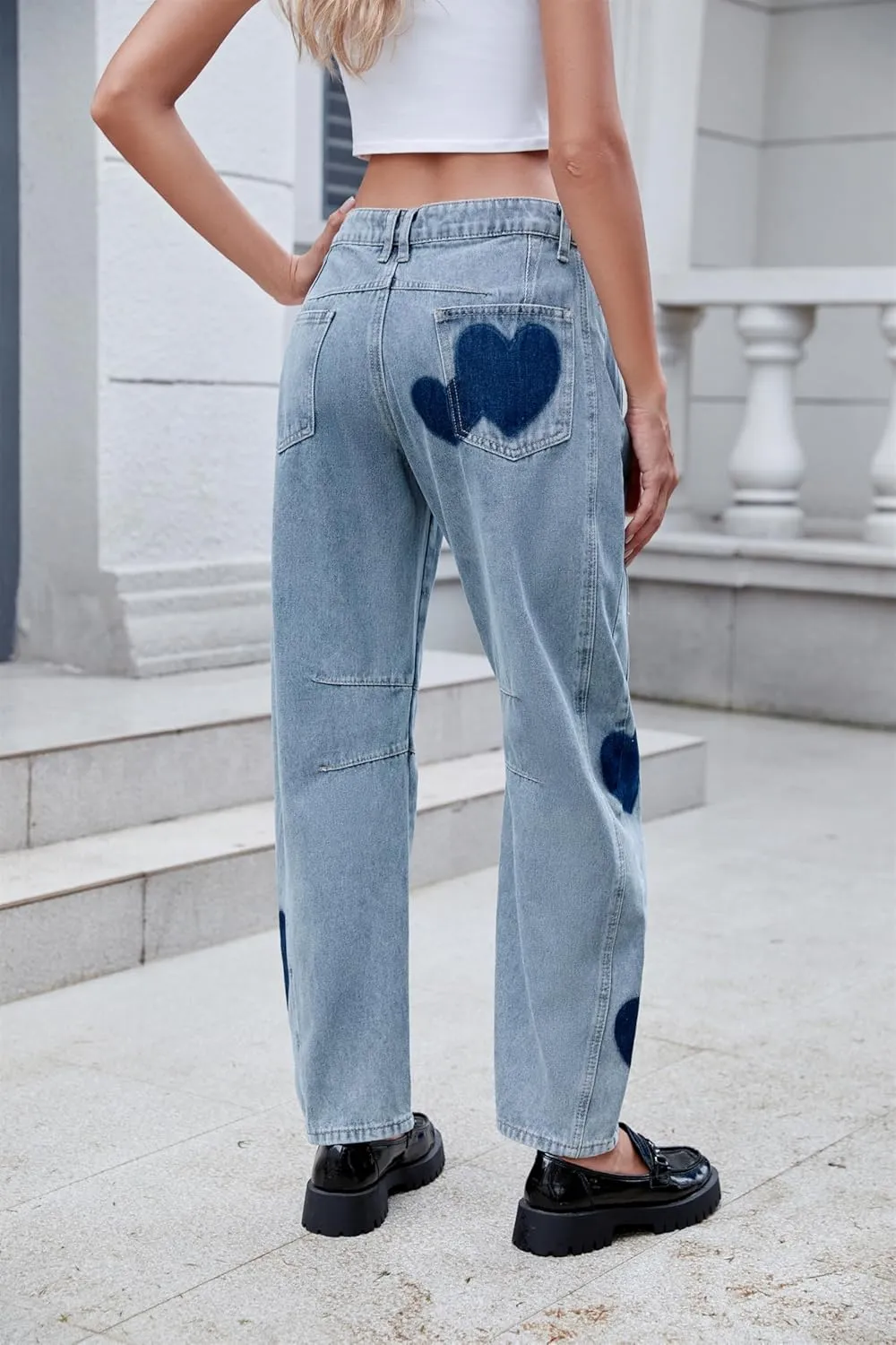 LifeShe Women's Wide Leg Baggy Jeans Low Waist Heart Barrel Loose Denim Pants