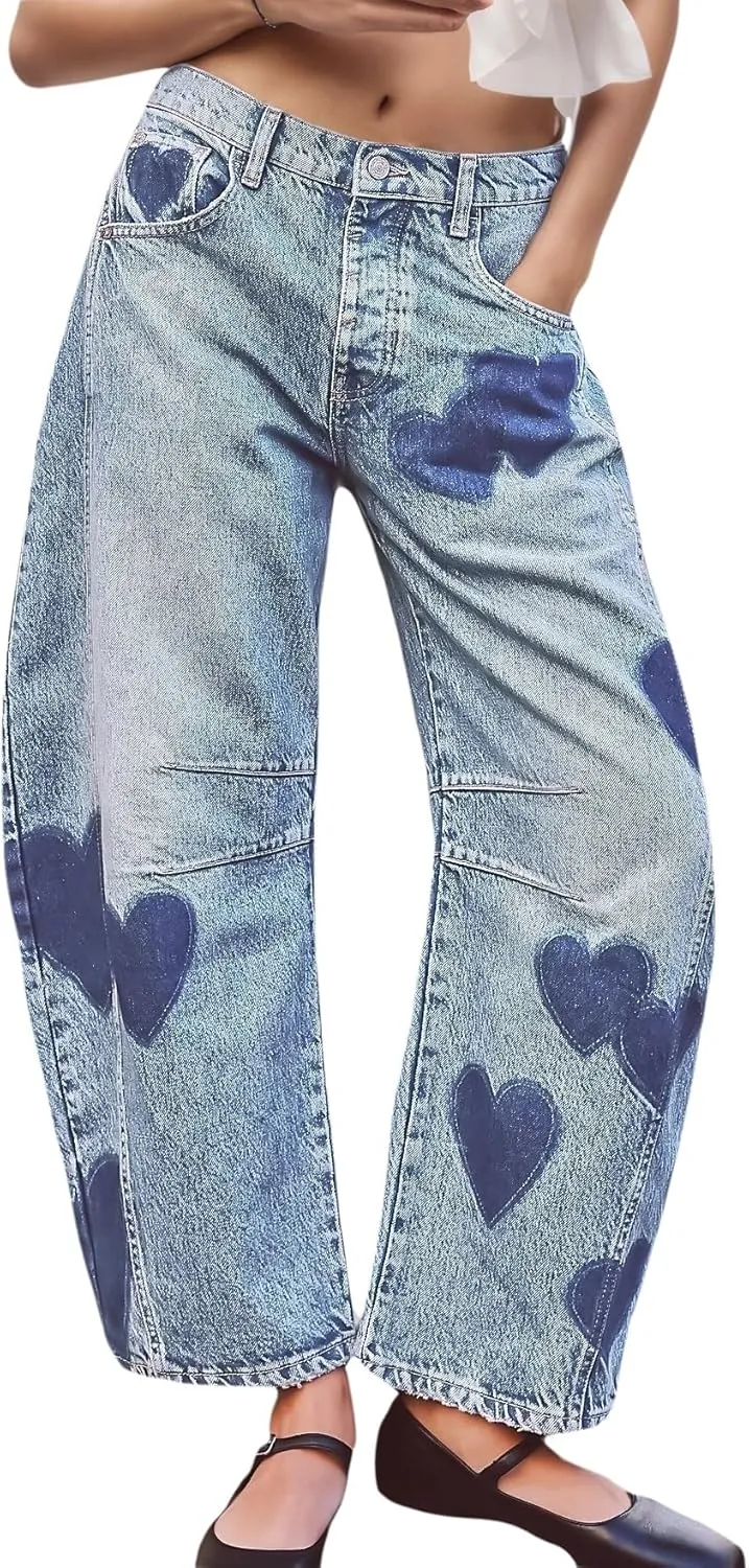 LifeShe Women's Wide Leg Baggy Jeans Low Waist Heart Barrel Loose Denim Pants