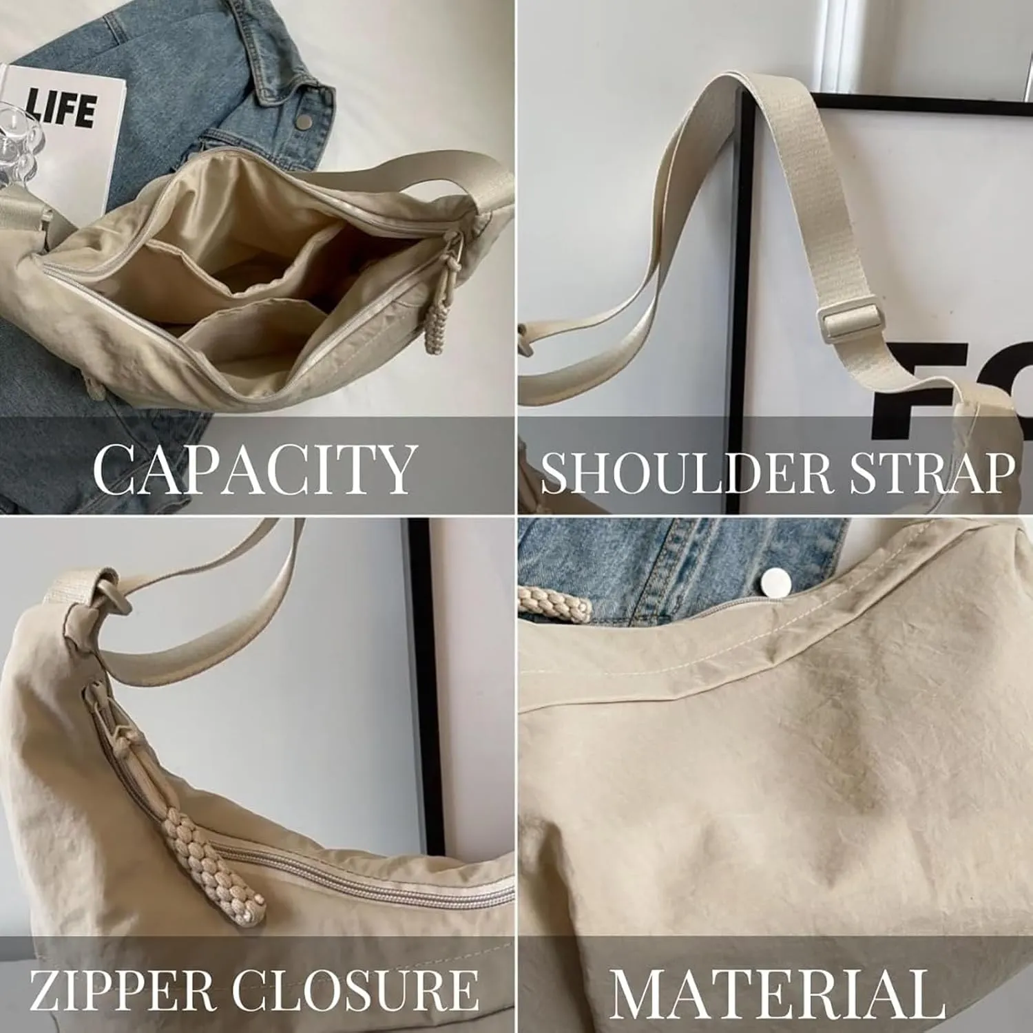 Limorence Women's Fashion Plain Color Nylon Crossbody Bag, Arisefrom Nylon Crossbody Slouchy Sling Hobo Bag