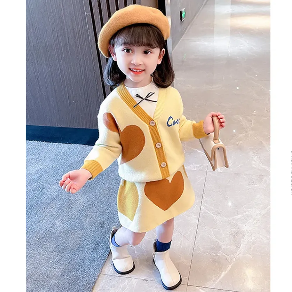 Little Surprise Box, Yellow & Brown Heart , 2 pc Top & Skirt Set For Toddlers And Kids