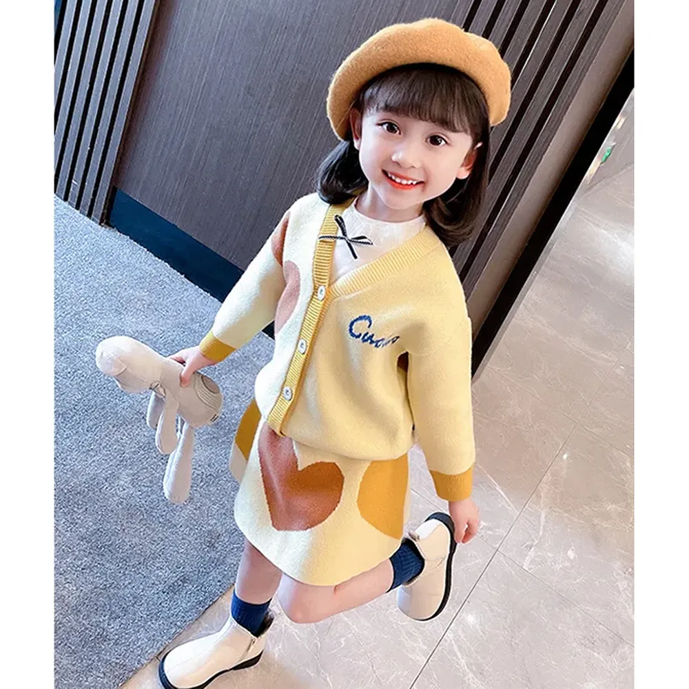 Little Surprise Box, Yellow & Brown Heart , 2 pc Top & Skirt Set For Toddlers And Kids