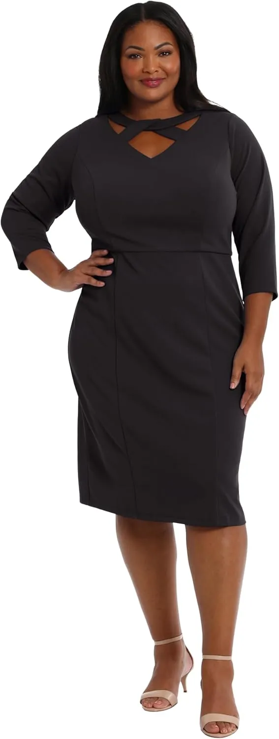 London Times Women's Scuba Crepe Neckline Detail Midi Sheath