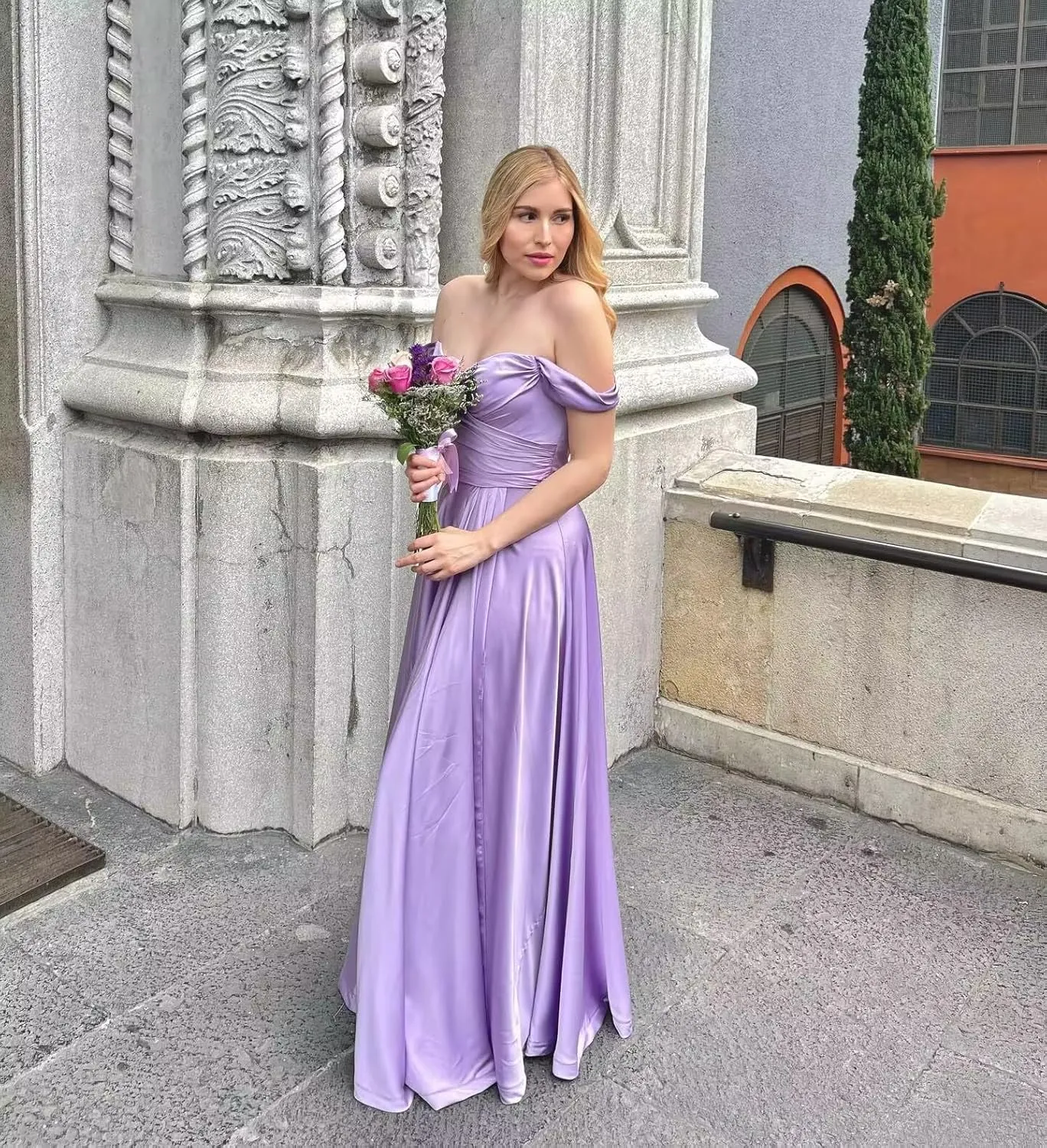 LORIE Womens Off Shoulder Bridesmaid Dresses for Wedding Long Ruched Satin Prom Dress 2025 with Slit Formal Evening Gowns