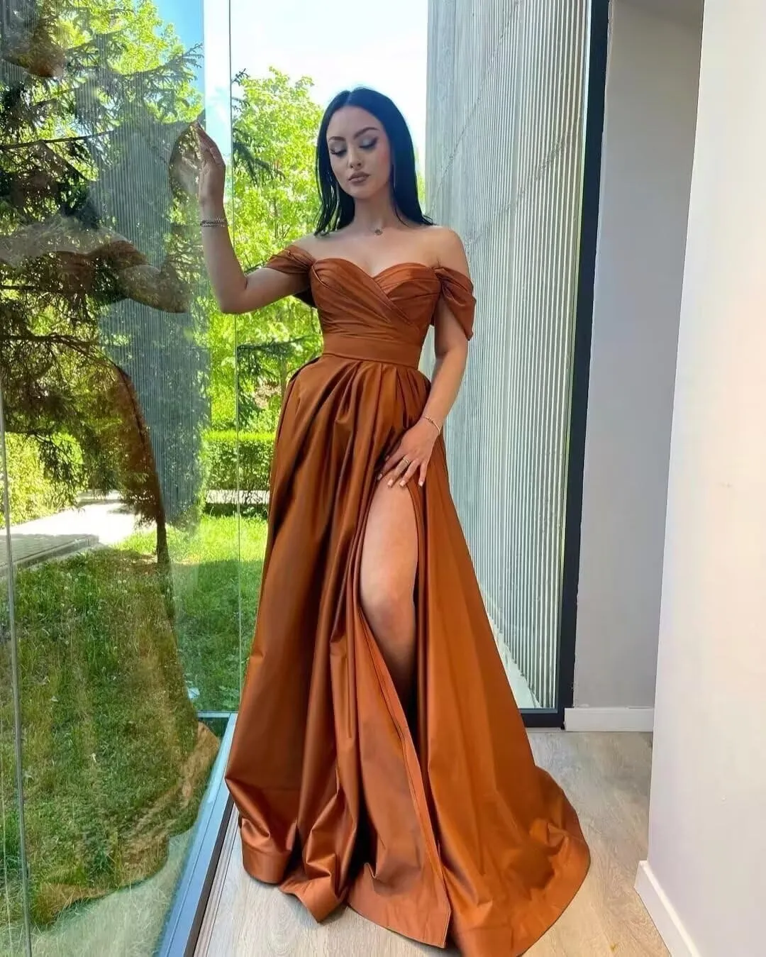 LORIE Womens Off Shoulder Bridesmaid Dresses for Wedding Long Ruched Satin Prom Dress 2025 with Slit Formal Evening Gowns