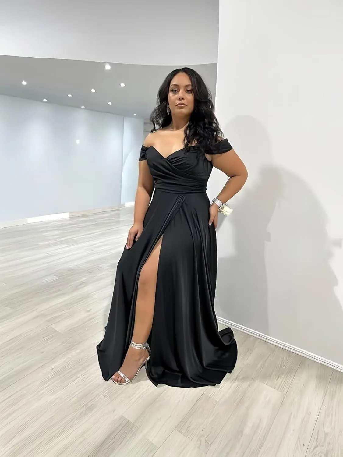 LORIE Womens Off Shoulder Bridesmaid Dresses for Wedding Long Ruched Satin Prom Dress 2025 with Slit Formal Evening Gowns