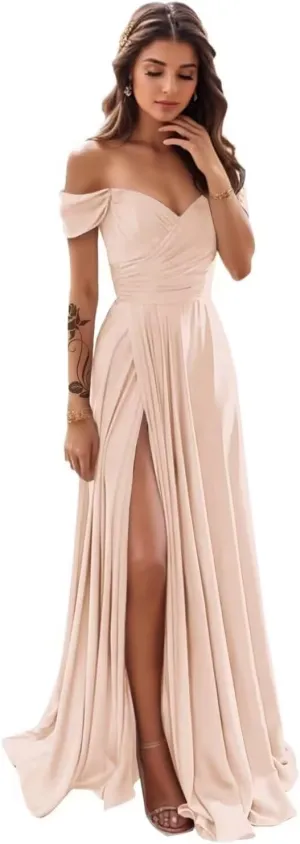 LORIE Womens Off Shoulder Bridesmaid Dresses for Wedding Long Ruched Satin Prom Dress 2025 with Slit Formal Evening Gowns