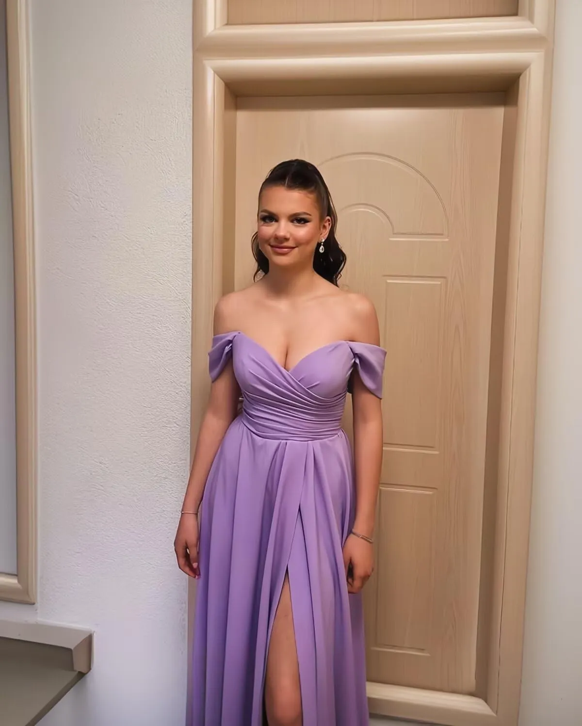 LORIE Womens Off Shoulder Bridesmaid Dresses for Wedding Long Ruched Satin Prom Dress 2025 with Slit Formal Evening Gowns