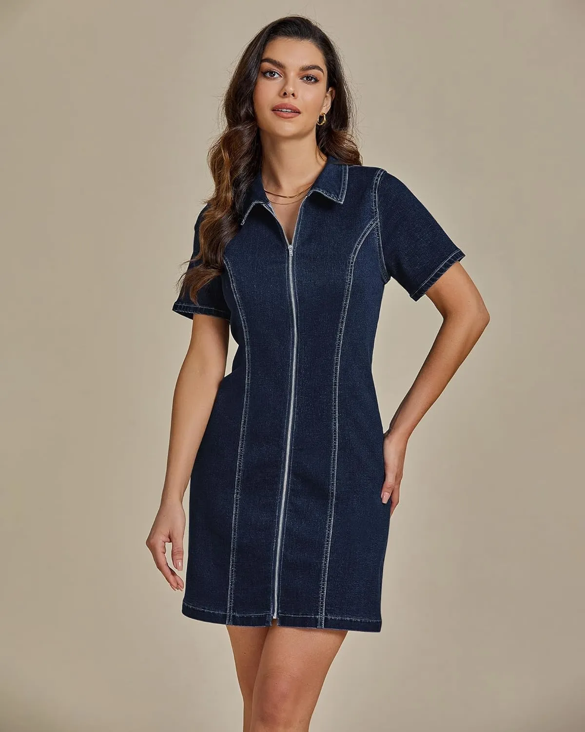 luvamia Denim Dresses for Women Summer Casual Zip Up Short Sleeve Western Short Stretchy Jean Dress with Pockets