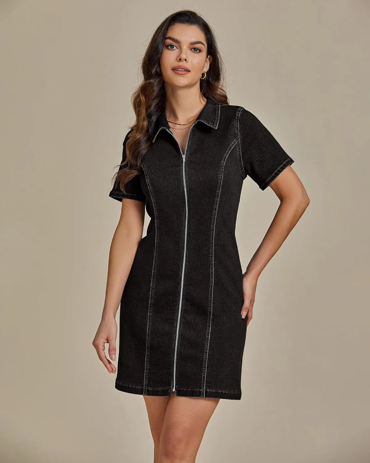 luvamia Denim Dresses for Women Summer Casual Zip Up Short Sleeve Western Short Stretchy Jean Dress with Pockets