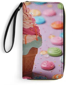 Many Colored Ice Cream Leather Wallet Smooth Zip Around Clutch Wristlet Travel Long Soft Purse for Women