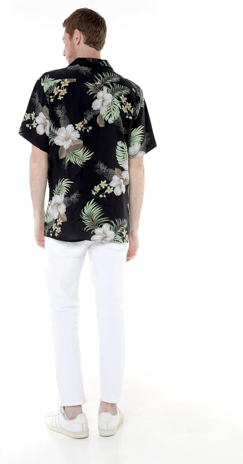 Matchable Couple Hawaiian Luau Shirt or V-Neck Jumpsuit with Pockets in Pineapple Garden Black