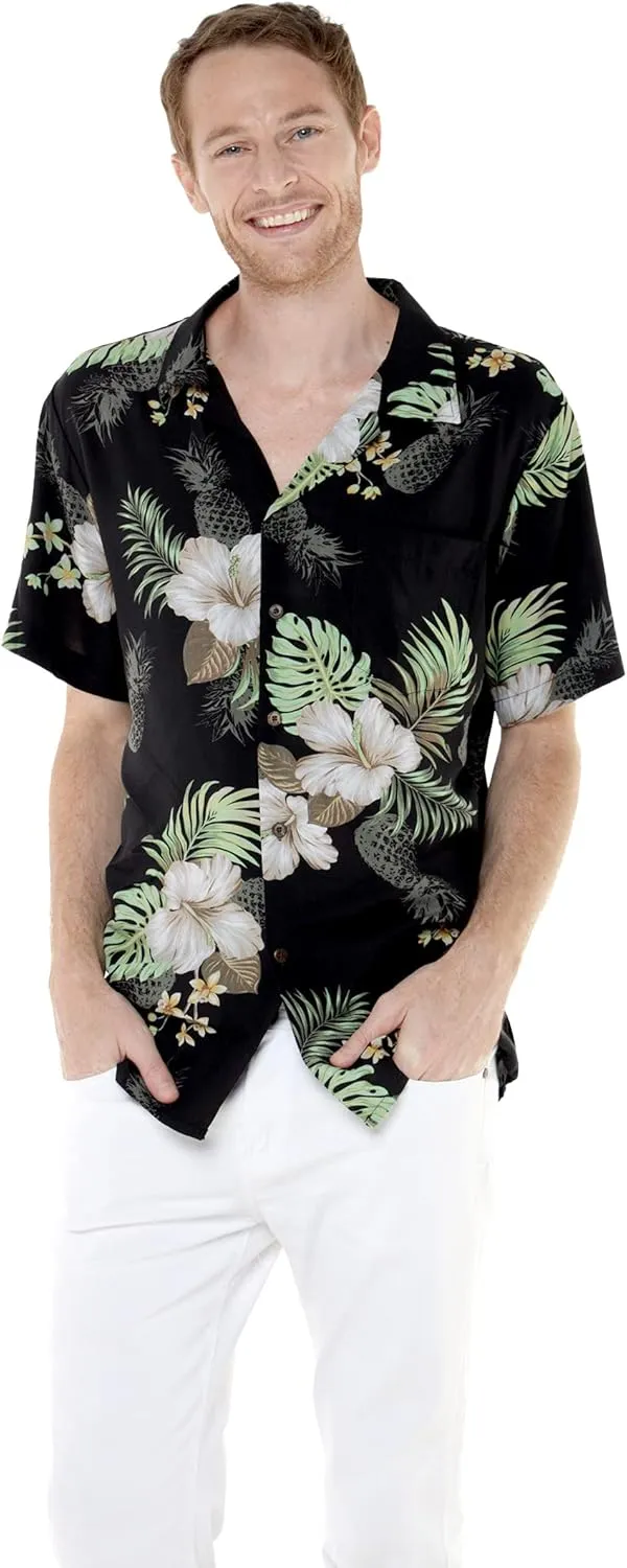 Matchable Couple Hawaiian Luau Shirt or V-Neck Jumpsuit with Pockets in Pineapple Garden Black