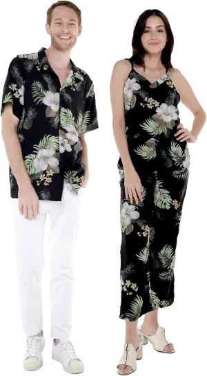 Matchable Couple Hawaiian Luau Shirt or V-Neck Jumpsuit with Pockets in Pineapple Garden Black