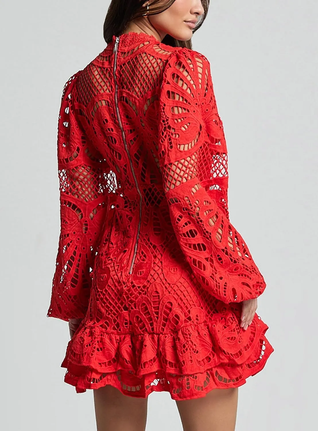 Melliflo Women Lantern Long Sleeve Cocktail Dress A-Line Ruffle Hollow Lace Dresses Stand Collar Floral Lace Shift Mini Dress