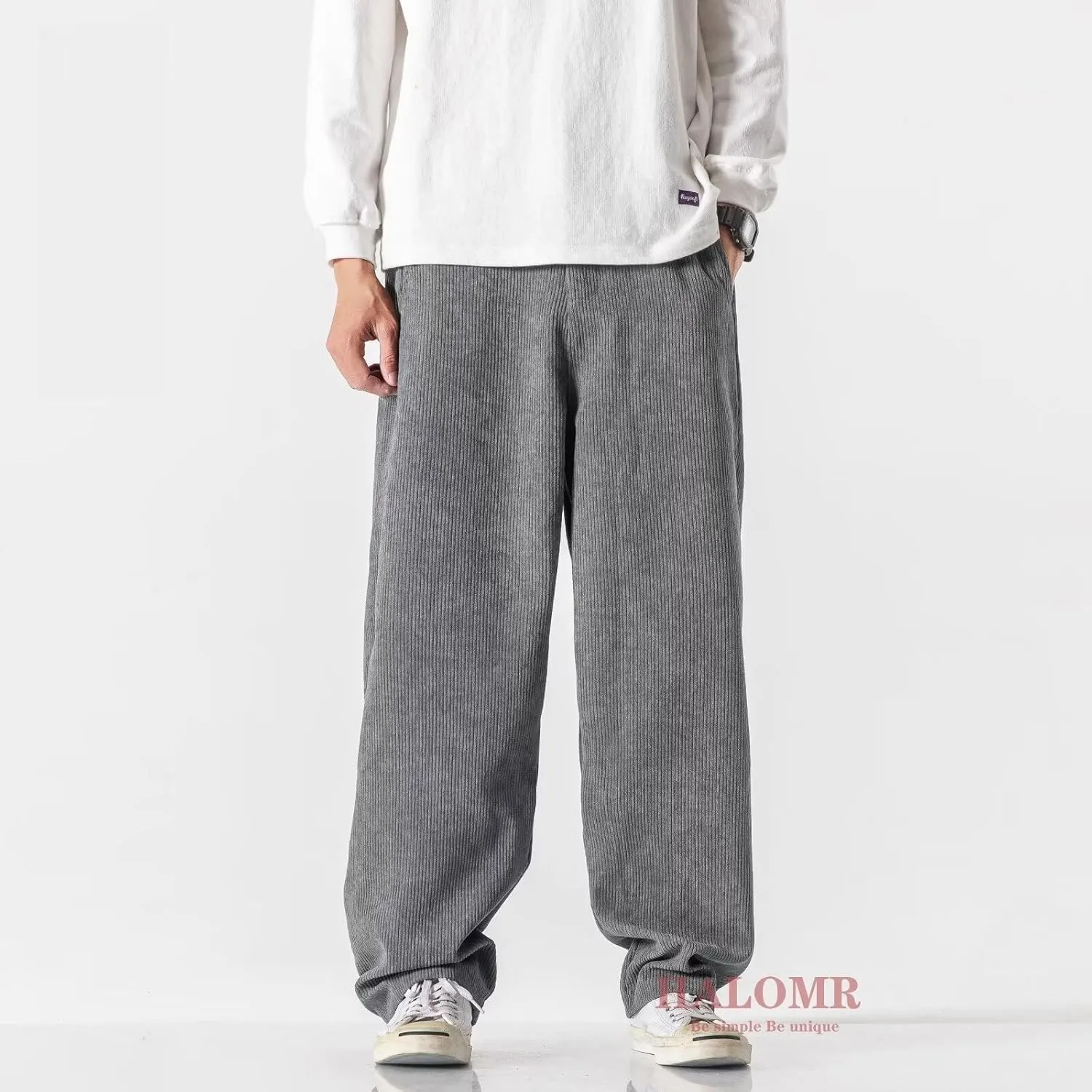 Men's Corduroy Pants Expandable Waist Baggy Pants Casual Loose Fit Relaxed-fit Cotton Pink