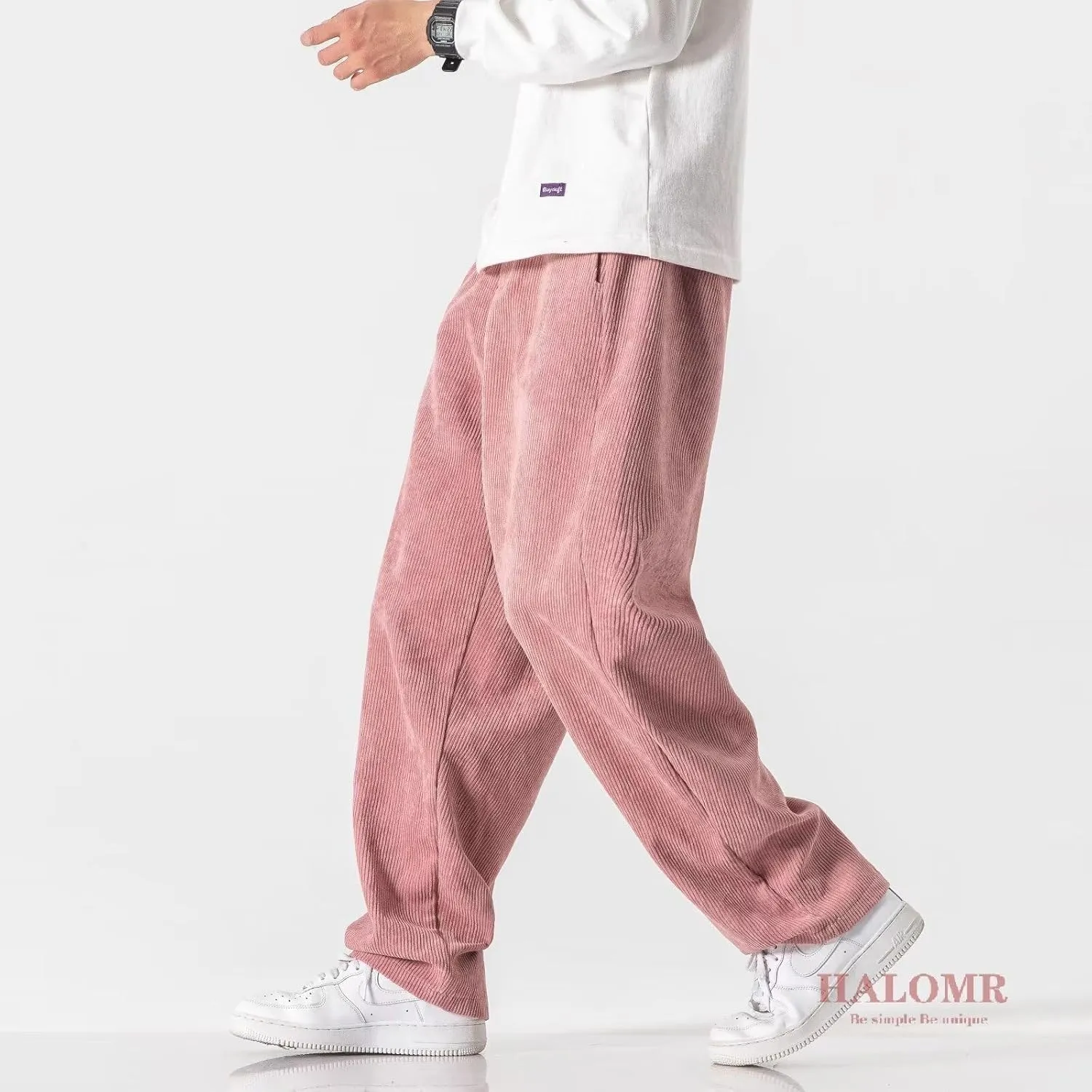 Men's Corduroy Pants Expandable Waist Baggy Pants Casual Loose Fit Relaxed-fit Cotton Pink