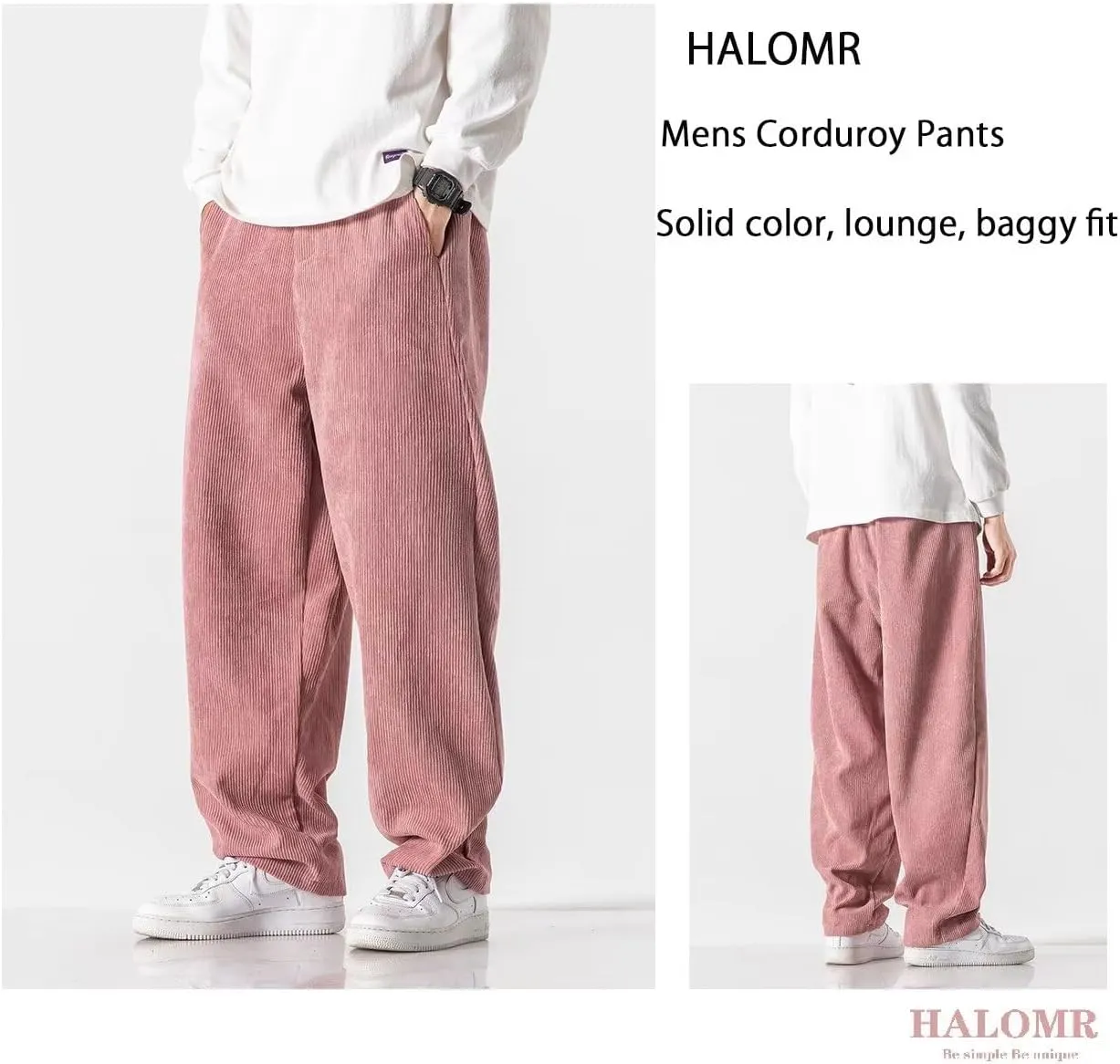 Men's Corduroy Pants Expandable Waist Baggy Pants Casual Loose Fit Relaxed-fit Cotton Pink