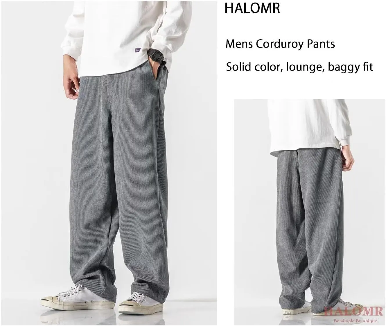 Men's Corduroy Pants Expandable Waist Baggy Pants Casual Loose Fit Relaxed-fit Cotton Pink