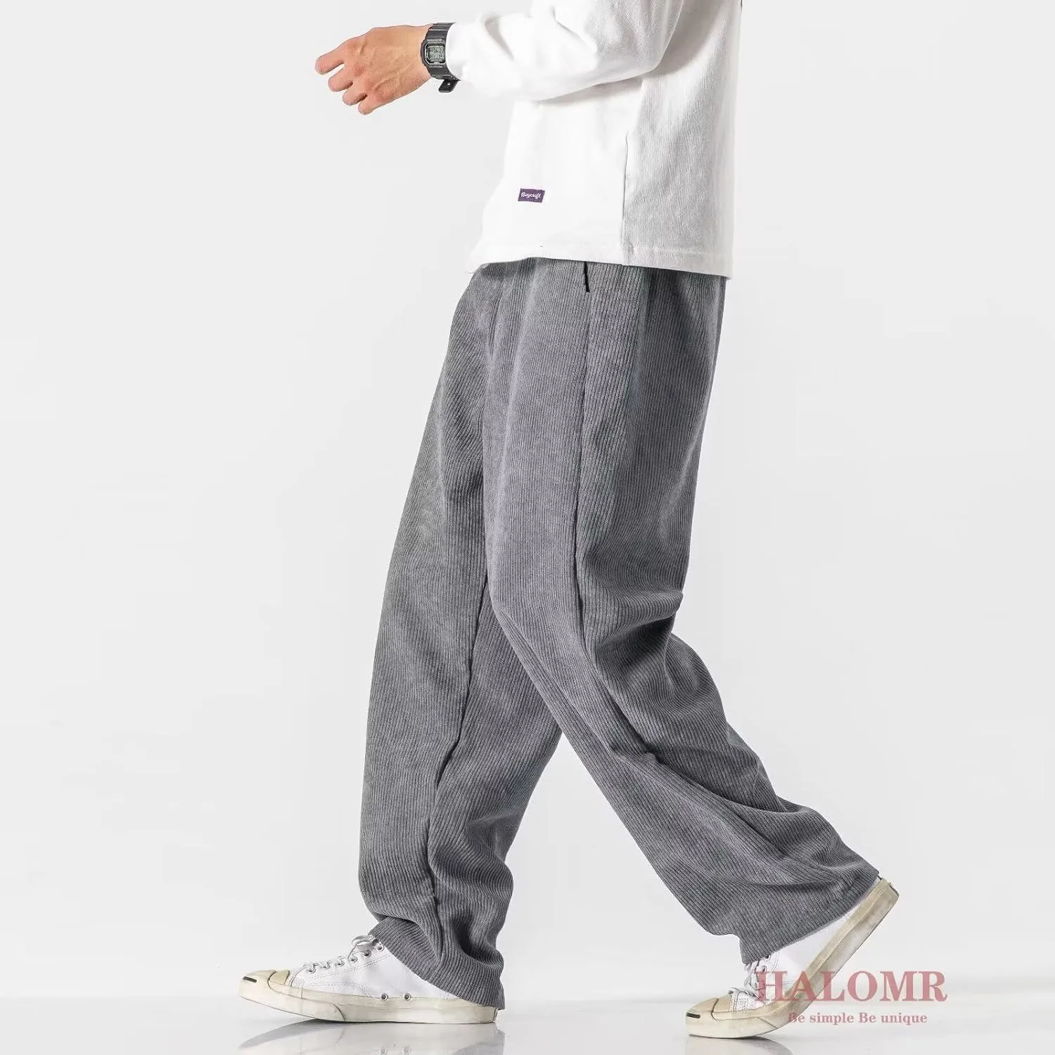 Men's Corduroy Pants Expandable Waist Baggy Pants Casual Loose Fit Relaxed-fit Cotton Pink