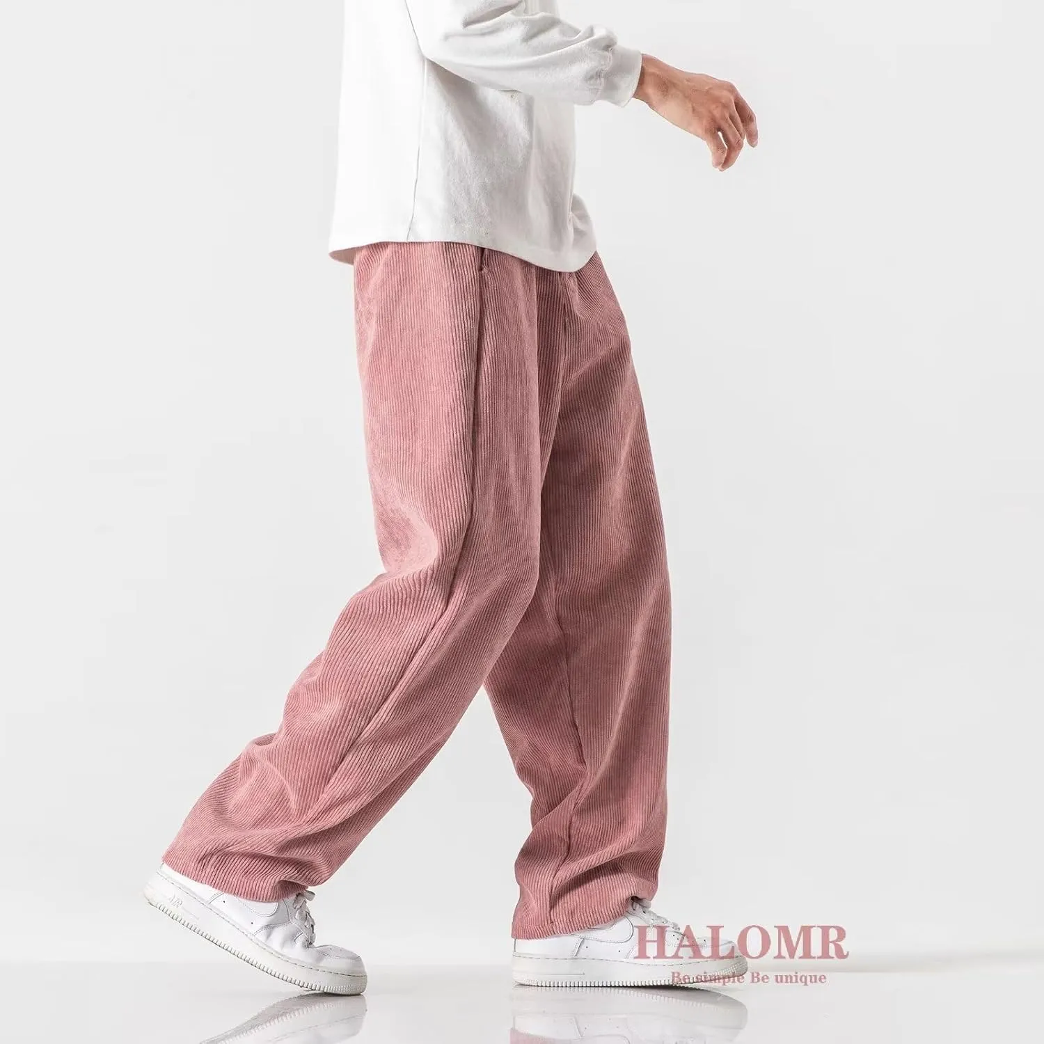 Men's Corduroy Pants Expandable Waist Baggy Pants Casual Loose Fit Relaxed-fit Cotton Pink