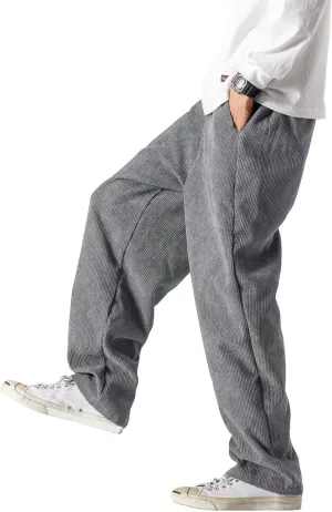 Men's Corduroy Pants Expandable Waist Baggy Pants Casual Loose Fit Relaxed-fit Cotton Pink
