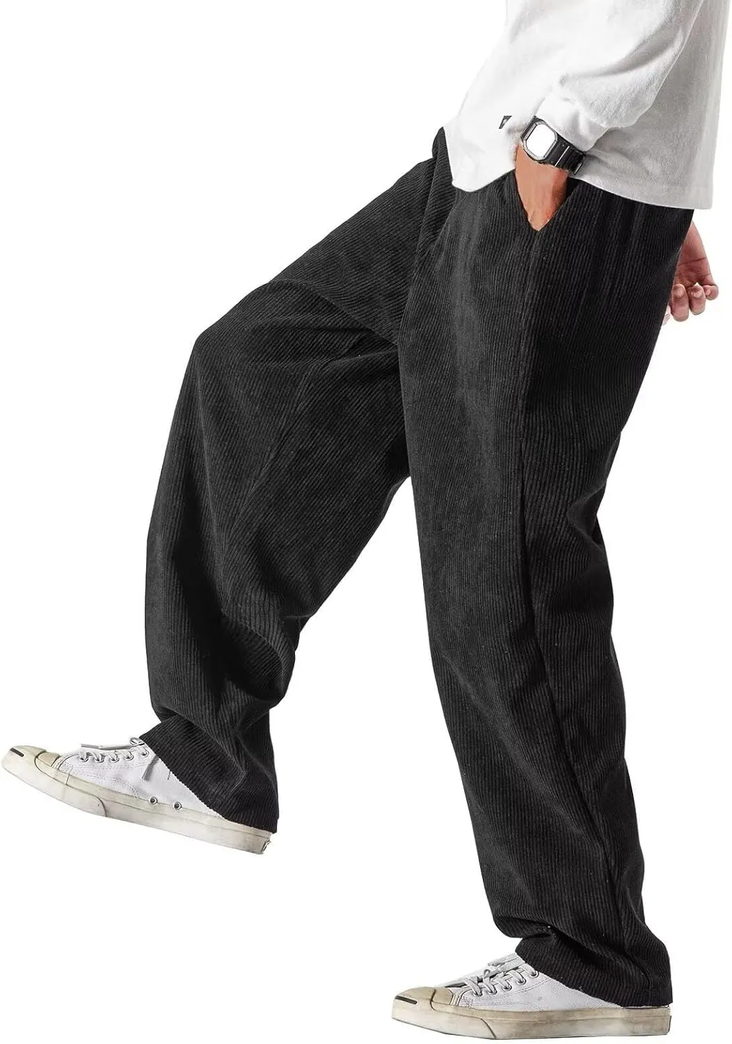 Men's Corduroy Pants Expandable Waist Baggy Pants Casual Loose Fit Relaxed-fit Cotton Pink