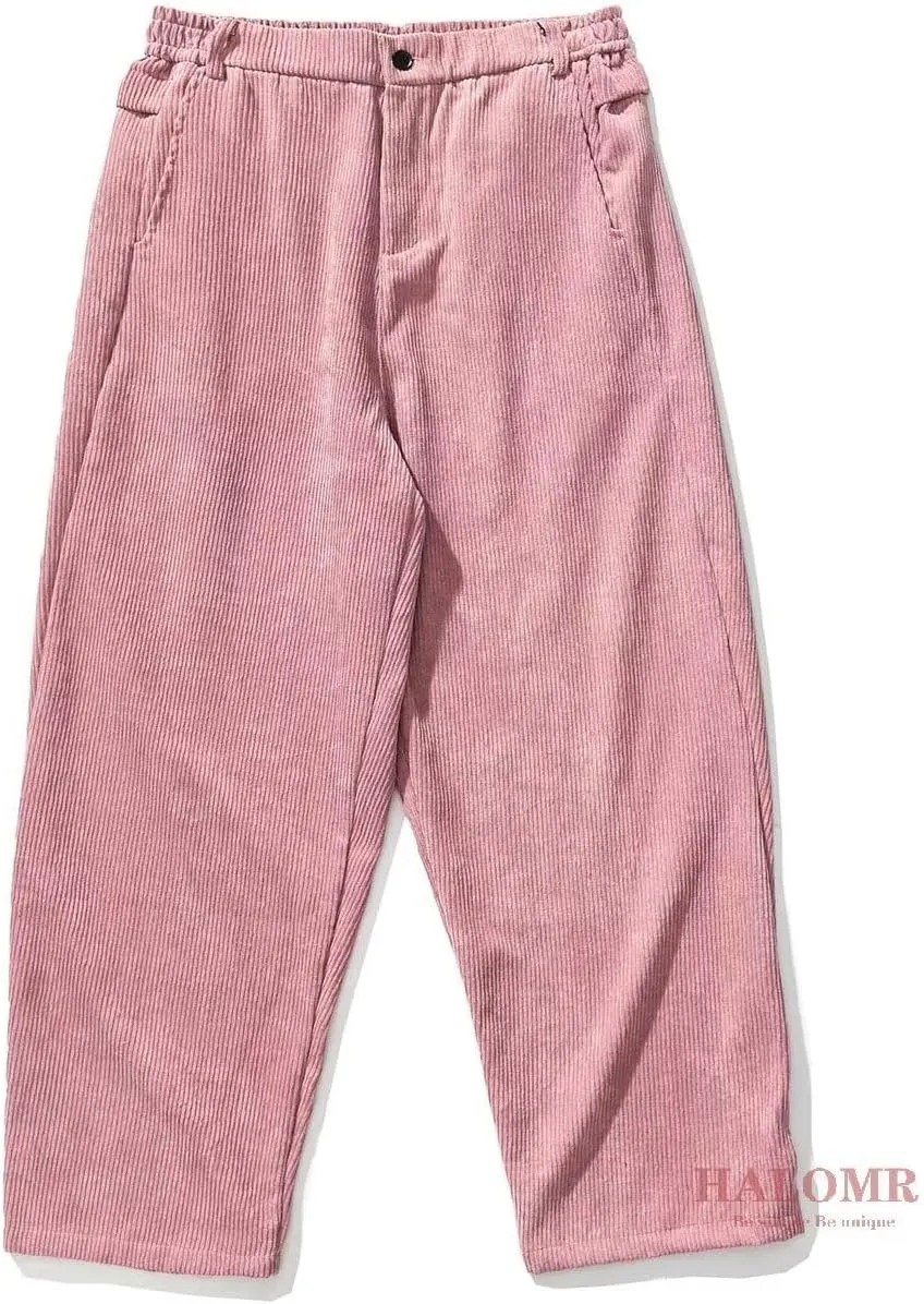 Men's Corduroy Pants Expandable Waist Baggy Pants Casual Loose Fit Relaxed-fit Cotton Pink