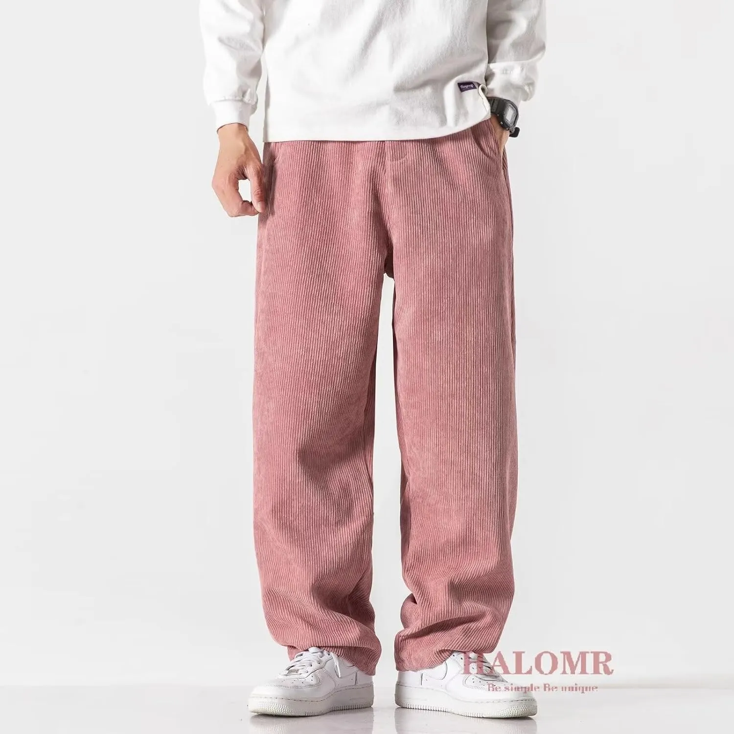 Men's Corduroy Pants Expandable Waist Baggy Pants Casual Loose Fit Relaxed-fit Cotton Pink