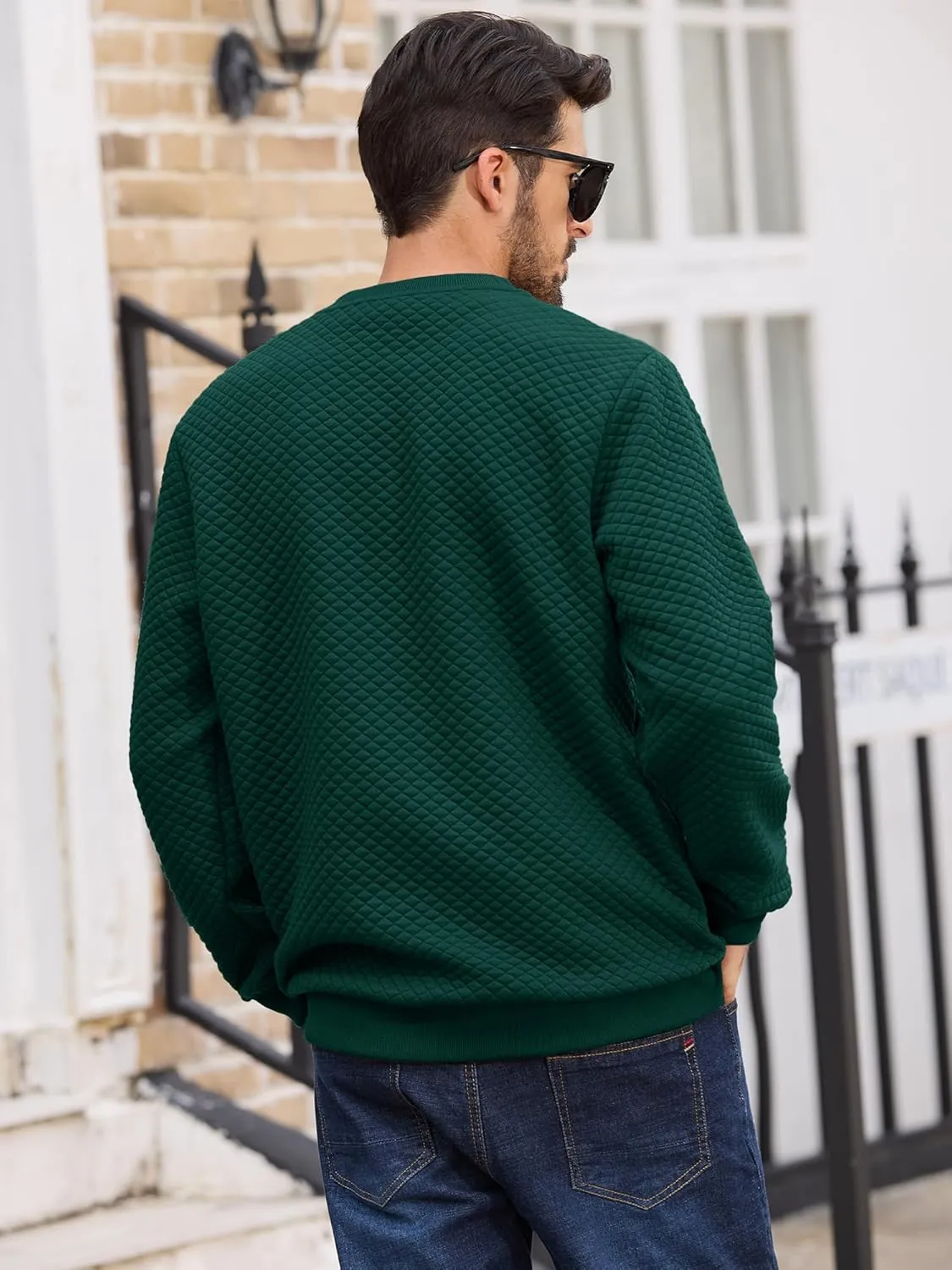 Men's Crewneck Sweatshirts Solid Color Diamond Grid Texture Long Sleeve Casual Basics Pullover Shirt