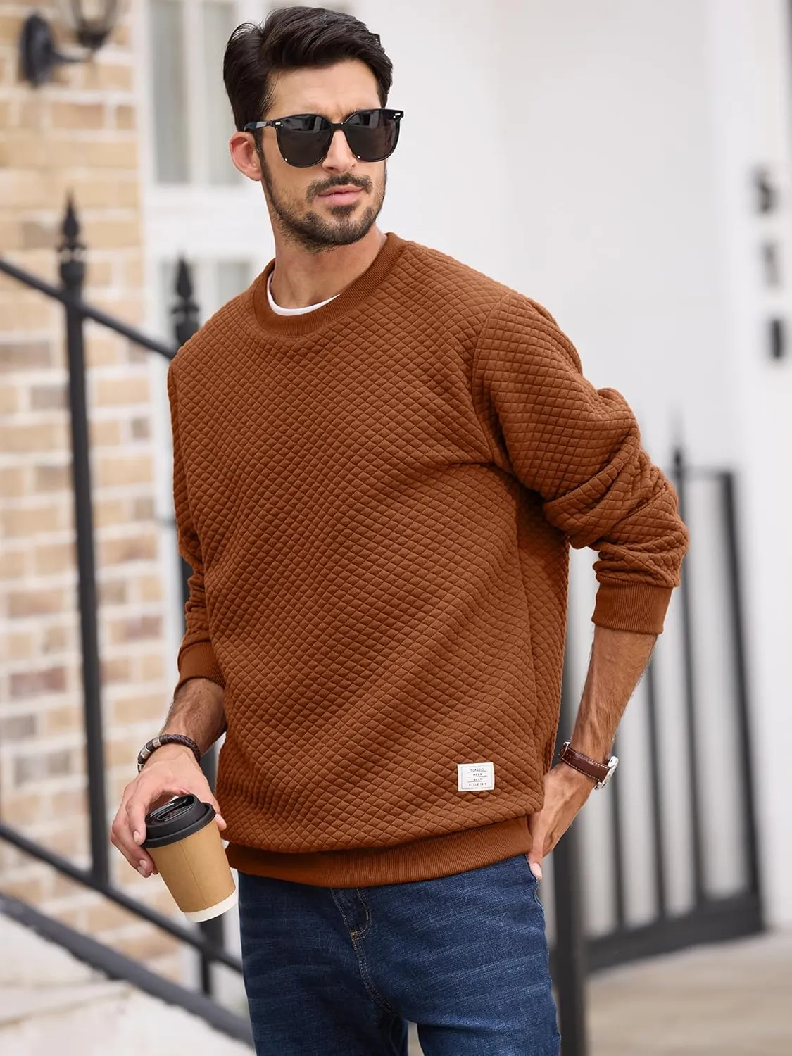 Men's Crewneck Sweatshirts Solid Color Diamond Grid Texture Long Sleeve Casual Basics Pullover Shirt